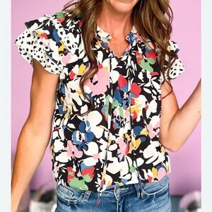 Umgee Multicolor Floral Ruffle Cap Sleeve Blouse